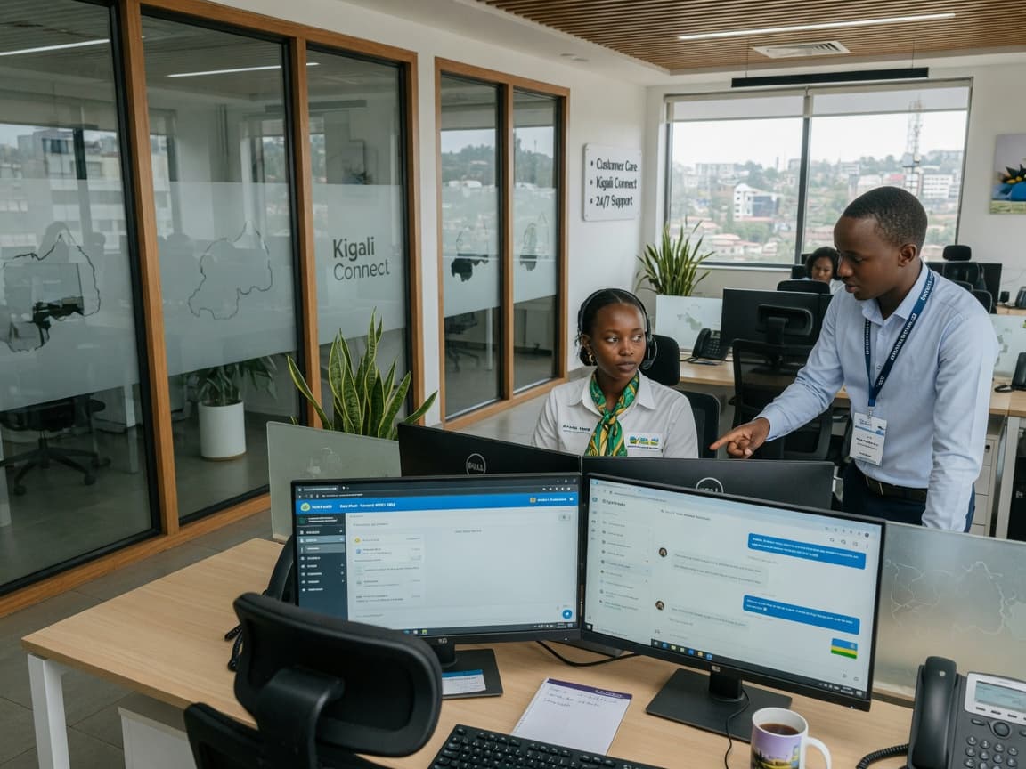 A customer-care floor with headsets and live chat screens