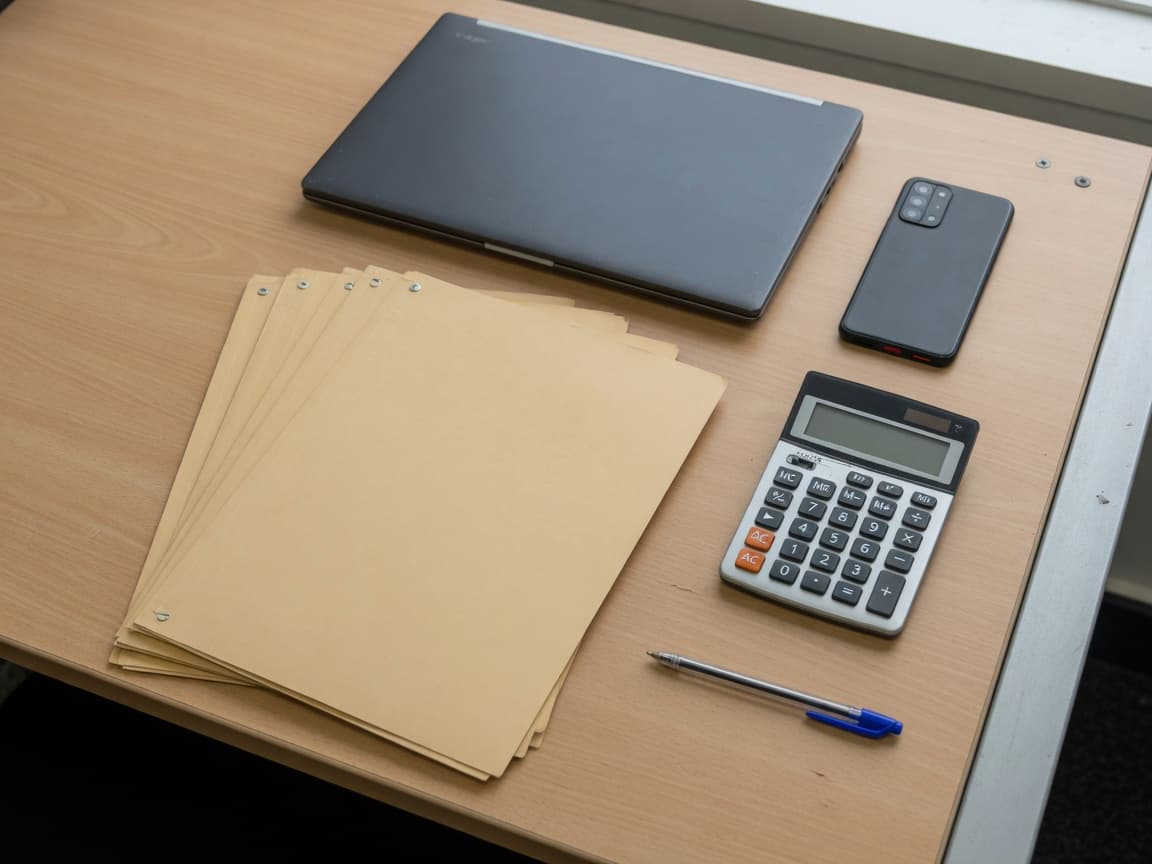 A tidy desk with folders, a phone, a laptop, and a calculator