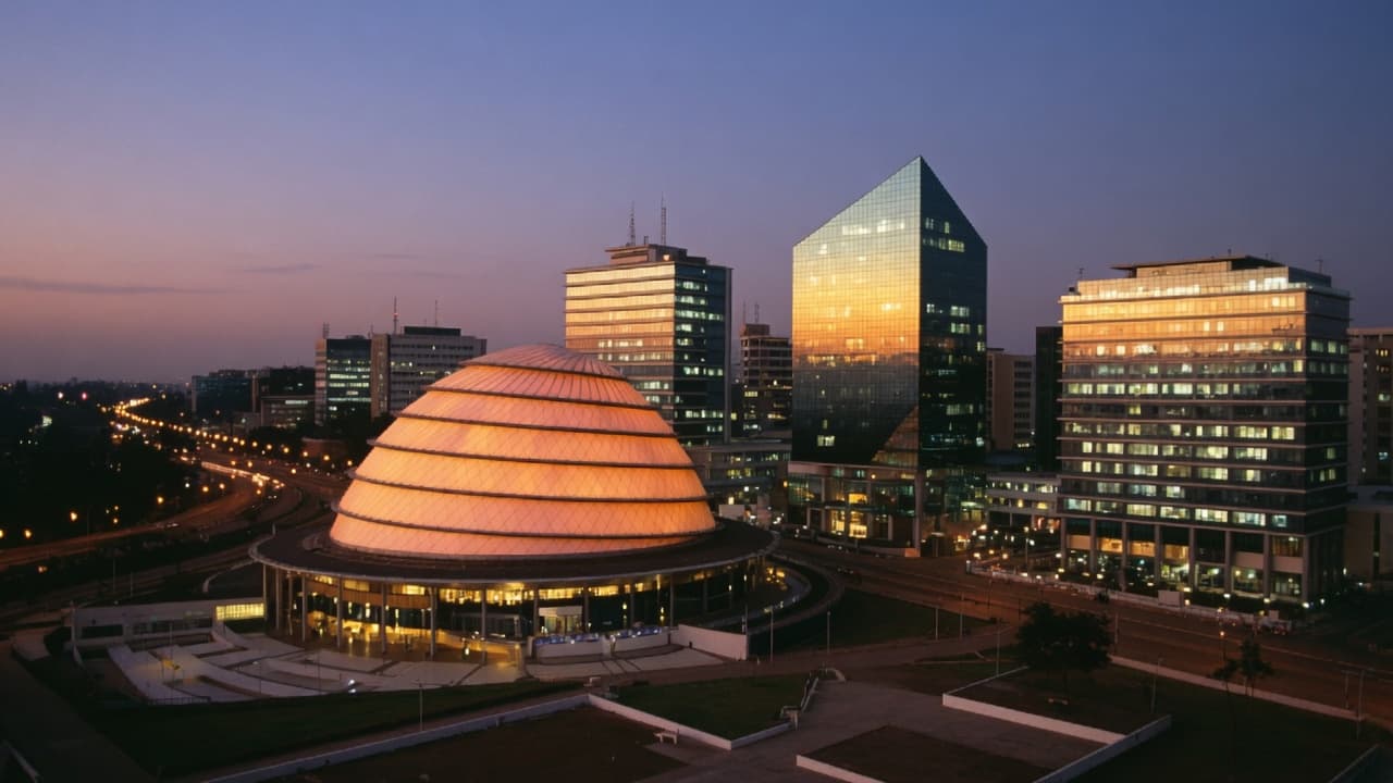 Kigali at dusk, the Convention Centre and downtown towers lit