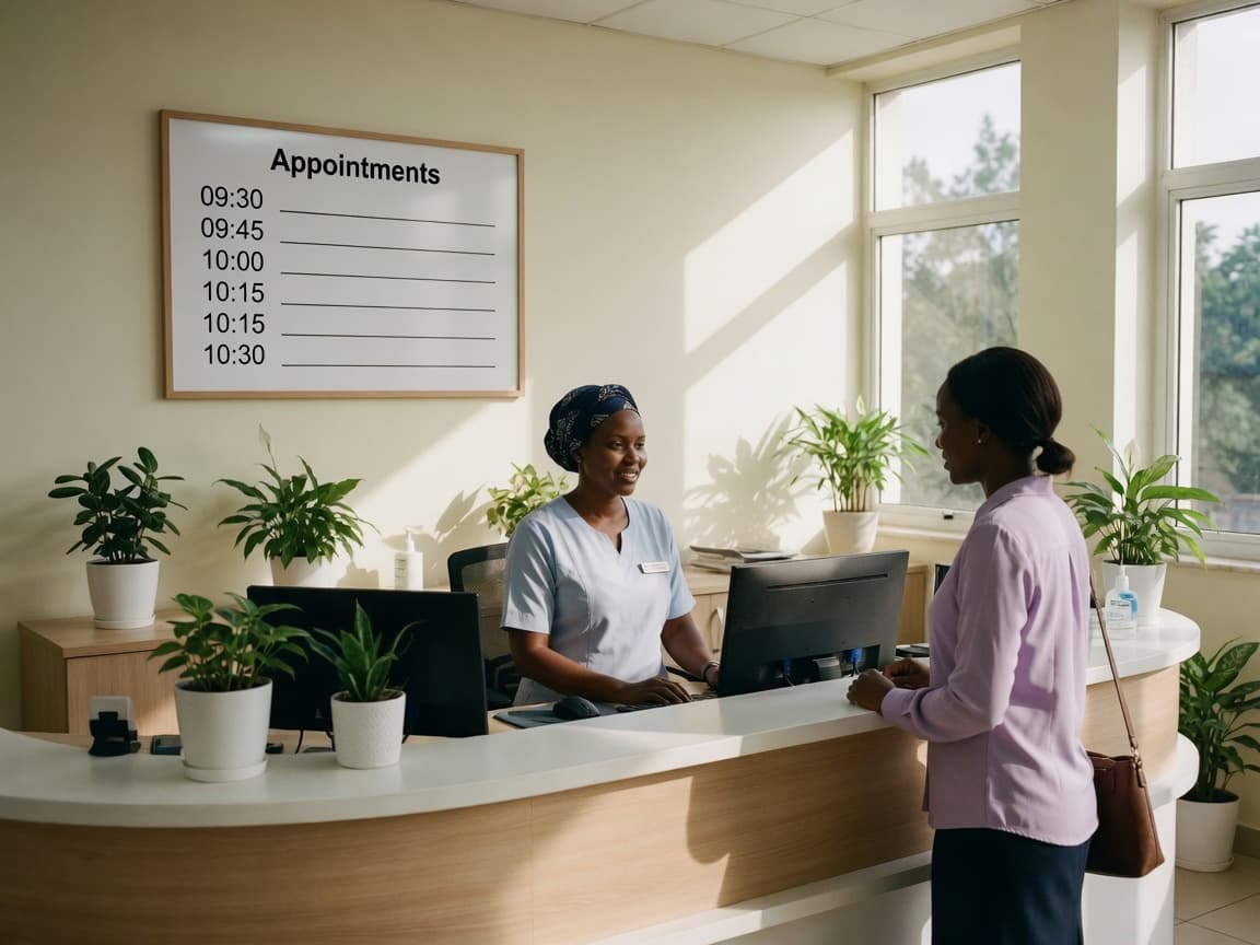 A hospital receptionist speaking with a visitor at a clean desk