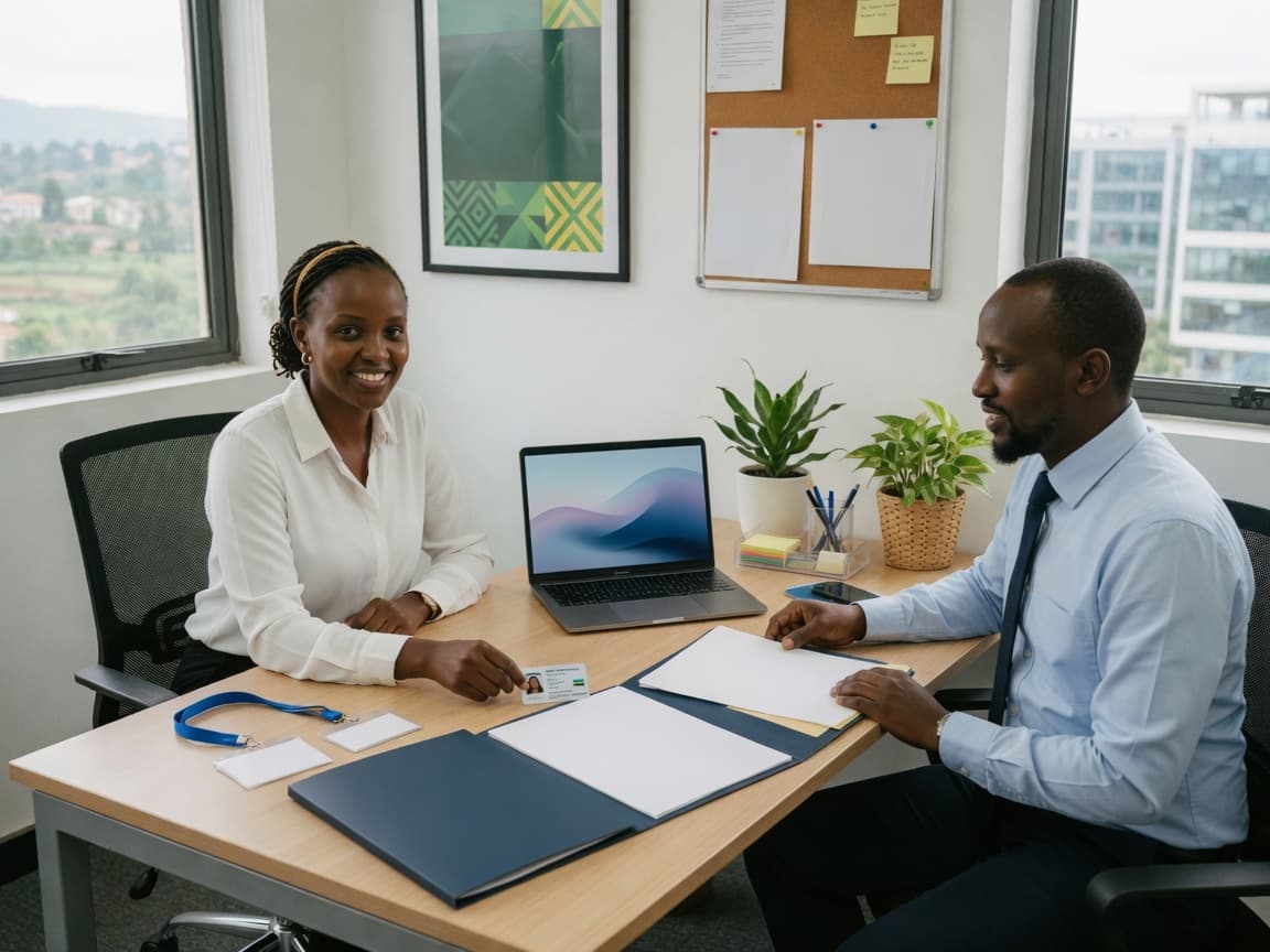 Two colleagues at a desk completing a welcome pack