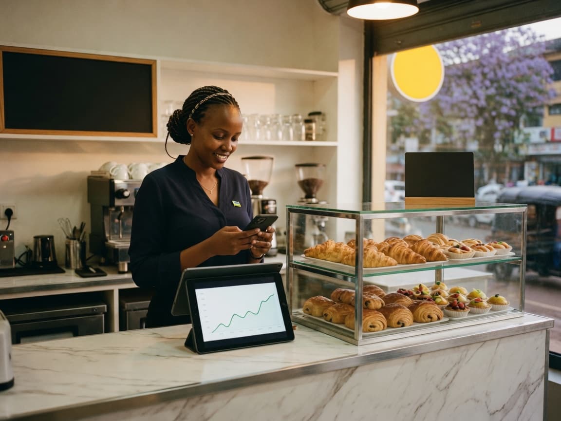 A cafe owner checking a phone beside a tablet on a clean counter